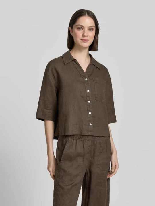 Zdjęcie produktu Bluzka lniana o kroju regular fit z brustaszą model 'Flippa' Opus Khaki