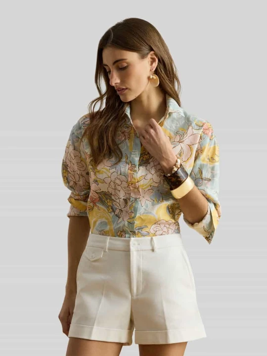 Zdjęcie produktu bluzka lniana o kroju relaxed fit z czystego lnu z kwiatowym wzorem na całej powierzchni Lauren Ralph Lauren Jasnoniebieski melanż