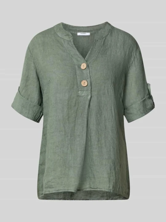 Zdjęcie produktu Bluzka lniana o kroju relaxed fit z dekoltem w serek model 'Is44sii' ZABAIONE Khaki