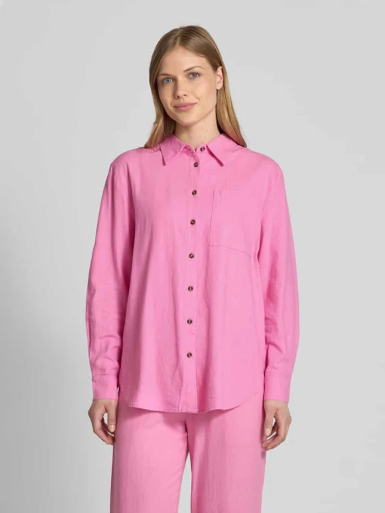 Zdjęcie produktu Bluzka lniana o kroju relaxed fit z kieszenią na piersi model ‘Lava’ Freequent Mocnoróżowy