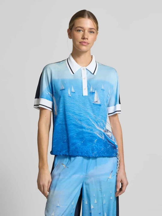 Zdjęcie produktu Bluzka o kroju regular fit z czystego lyocellu z kołnierzykiem polo Marc Cain Błękitno-niebieski