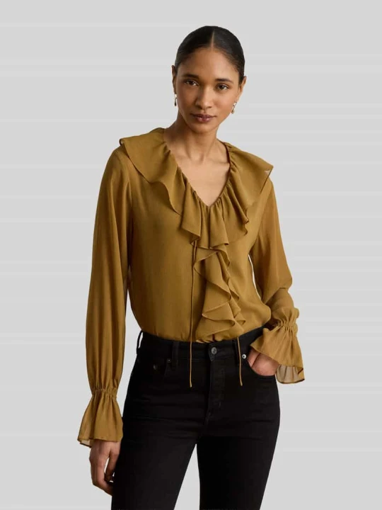 Zdjęcie produktu bluzka o kroju regular fit z kołnierzem z falbanami Lauren Ralph Lauren Camel