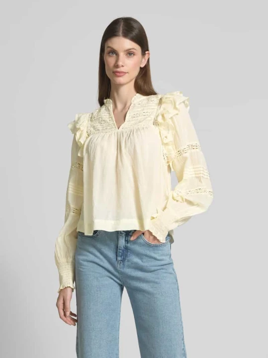 Zdjęcie produktu Bluzka o kroju regular fit ze koronką szydełkową model ‘Mauri’ NEO NOIR Pastelowy żółty