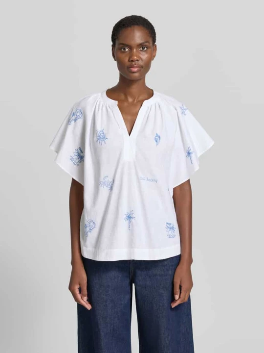 Zdjęcie produktu Bluzka o kroju relaxed fit w stylu tuniki z haftami Oui Biały