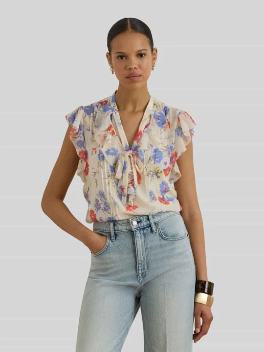 Zdjęcie produktu Bluzka o kroju shaped fit z kołnierzem oficerskim i materiałową kokardą Lauren Ralph Lauren Écru