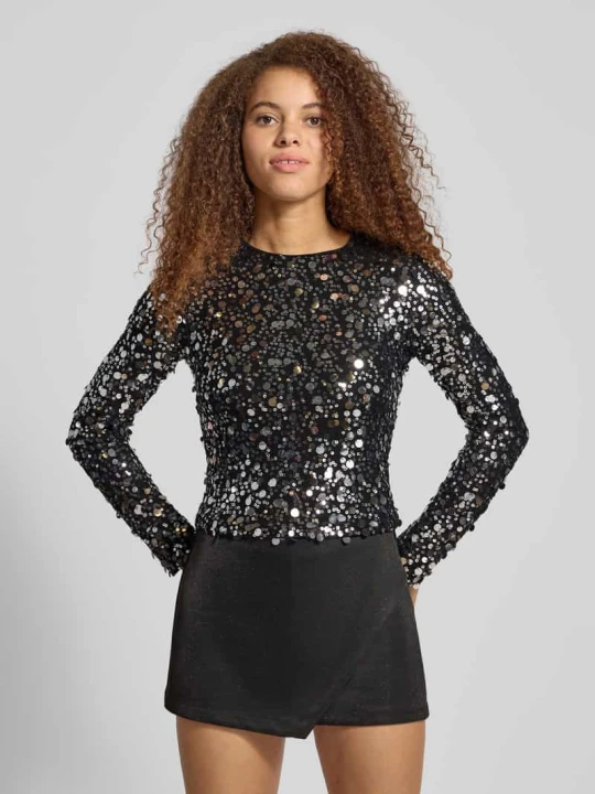 Zdjęcie produktu Bluzka o kroju slim fit z długim rękawem i cekinowym obszyciem model ‘CATINA’ Only Srebrny