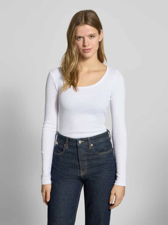 Zdjęcie produktu Bluzka z długim rękawem o kroju slim fit z głębokim okrągłym dekoltem REVIEW Biały