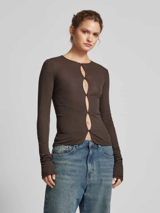 Zdjęcie produktu Bluzka o kroju slim fit z długim rękawem i okrągłym dekoltem model ‘Rosie’ Weekday Ciemnobrązowy