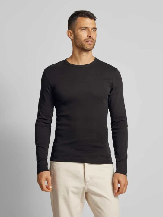 Zdjęcie produktu Bluzka z długim rękawem o kroju slim fit z prążkowanym okrągłym dekoltem lindbergh Czarny