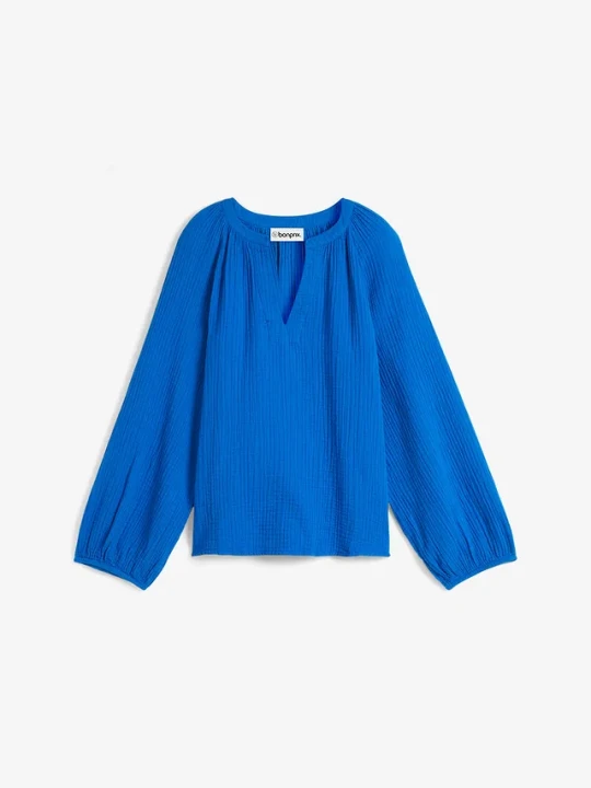 Zdjęcie produktu Bluzka oversize z przewiewnego muślinu z czystej bawełny BonPrix niebieski