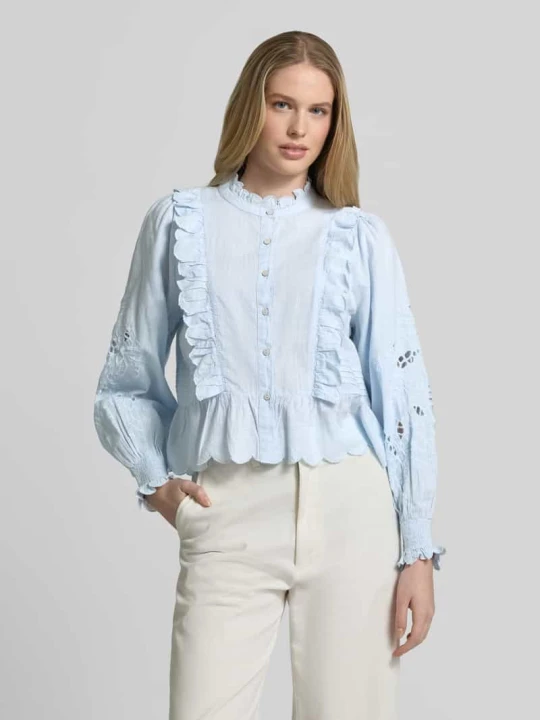 Zdjęcie produktu Bluzka z długim rękawem w kroju regular fit z falbanami model 'Petrine' NEO NOIR Jasnoniebieski