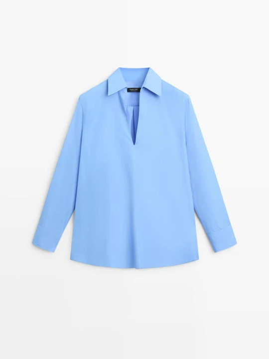 Zdjęcie produktu Bluzka Z Bawełnianej Popeliny Z Dekoltem W Serek - Indygo - Massimo Dutti - Female