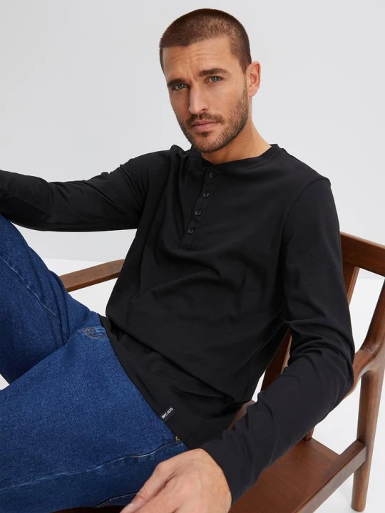 Zdjęcie produktu Bluzka z dekoltem henley z czystej bawełny (2 szt.) BonPrix czarny