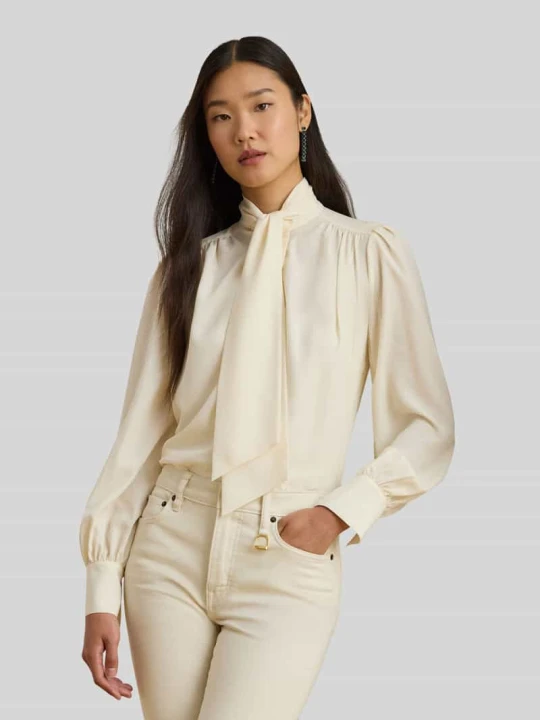 Zdjęcie produktu bluzka z długim rękawem o kroju regular fit z kołnierzem z kokardą Lauren Ralph Lauren Piaskowy