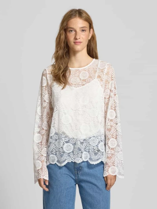Zdjęcie produktu Bluzka z długim rękawem o kroju regular fit z koronki model ‘OLLINE’ Pieces Złamany biały
