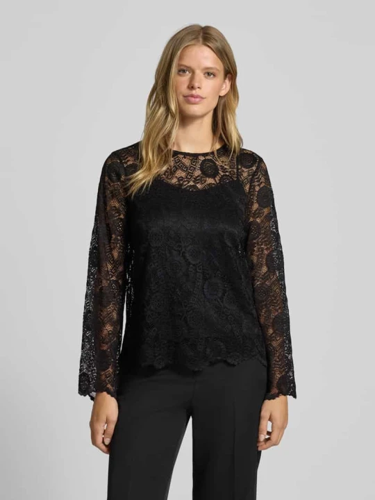 Zdjęcie produktu Bluzka z długim rękawem o kroju regular fit z koronki model ‘OLLINE’ Pieces czarny