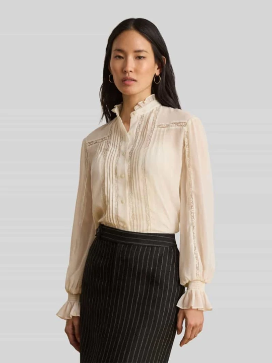 Zdjęcie produktu bluzka z długim rękawem o kroju regular fit z obszyciem koronką Lauren Ralph Lauren Piaskowy