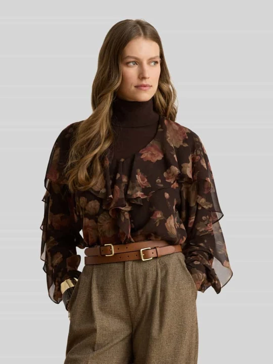 Zdjęcie produktu bluzka z długim rękawem o kroju regular fit z rękawami z falbanami Lauren Ralph Lauren Średniobrązowy