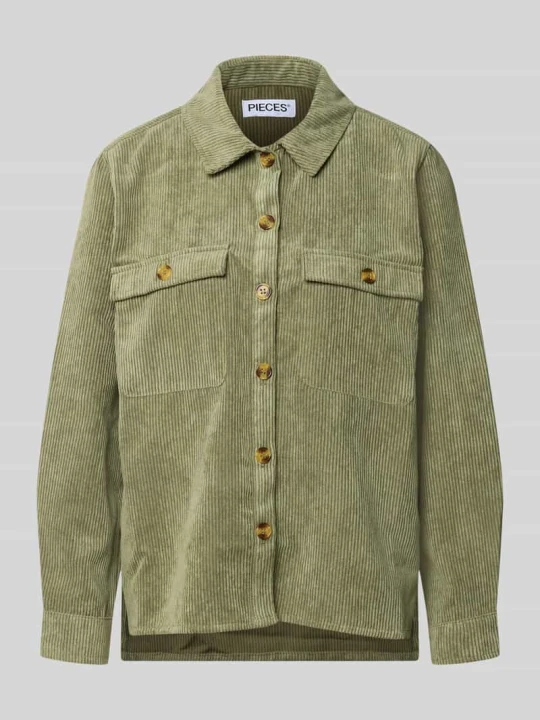 Zdjęcie produktu Bluzka z długim rękawem o kroju relaxed fit w imitacji sztruksu model 'EFFI' Pieces Oliwkowy