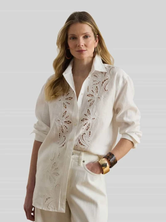 Zdjęcie produktu Bluzka z długim rękawem o kroju relaxed fit z haftem angielskim Lauren Ralph Lauren Écru melanż