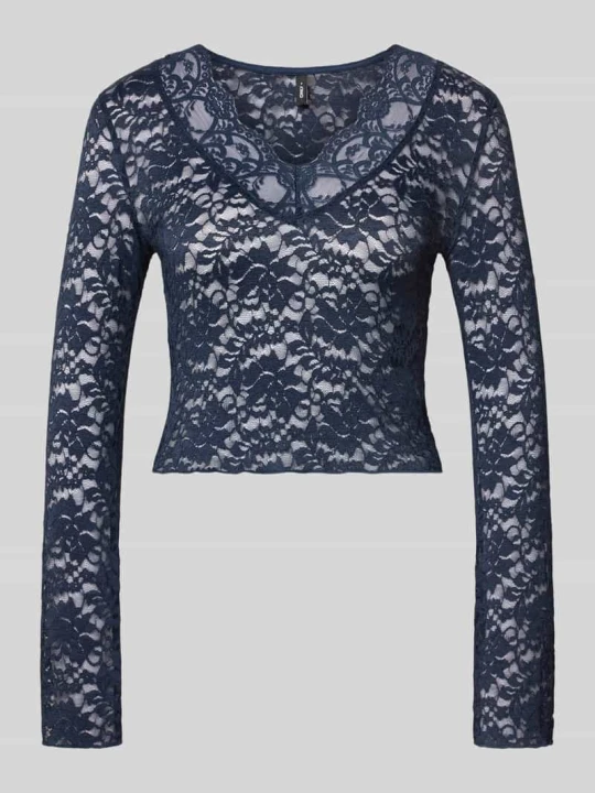 Zdjęcie produktu bluzka z długim rękawem o kroju slim fit w koronkowej siateczce model 'NIKKA' Only Ciemnoniebieski
