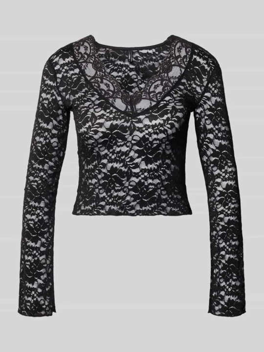 Zdjęcie produktu bluzka z długim rękawem o kroju slim fit w koronkowej siateczce model 'NIKKA' Only Czarny