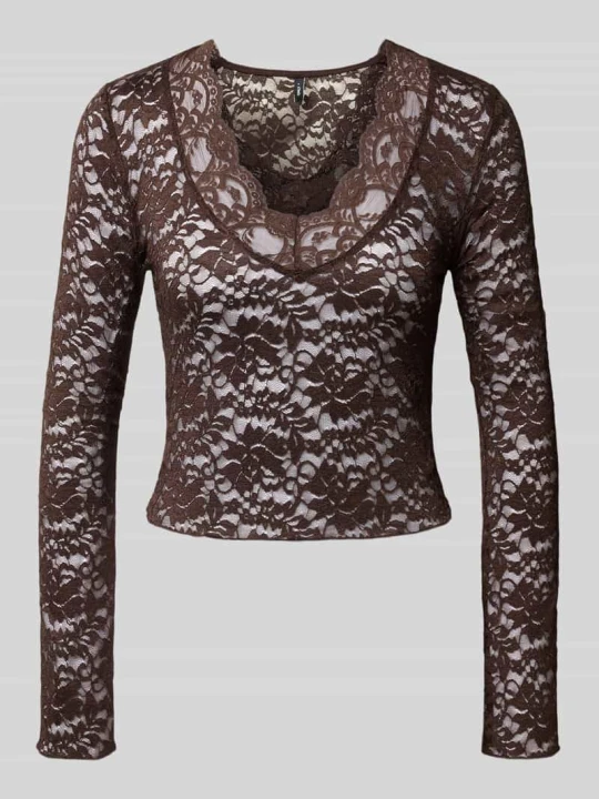Zdjęcie produktu bluzka z długim rękawem o kroju slim fit w koronkowej siateczce model 'NIKKA' Only Średniobrązowy