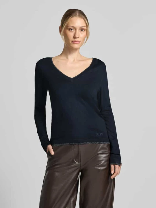 Zdjęcie produktu bluzka z długim rękawem o kroju slim fit z czystej wiskozy model 'Maglia Chiusa' Liu Jo Ciemnoniebieski