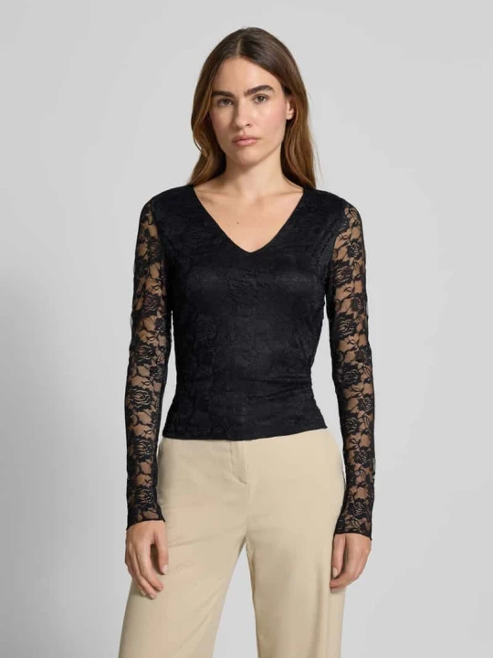 Zdjęcie produktu Bluzka z długim rękawem o kroju slim fit z efektem koronki model ‘IBEN’ Vero Moda Czarny
