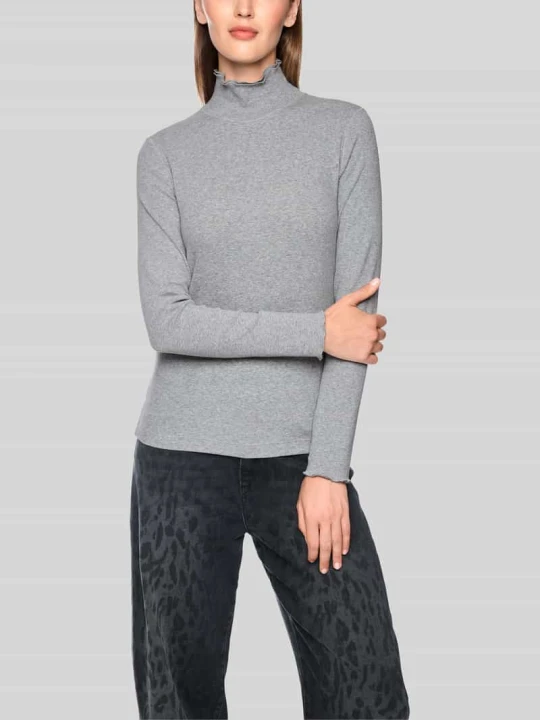 Zdjęcie produktu bluzka z długim rękawem o kroju slim fit z kołnierzem z falbanami Marc Cain Średnioszary