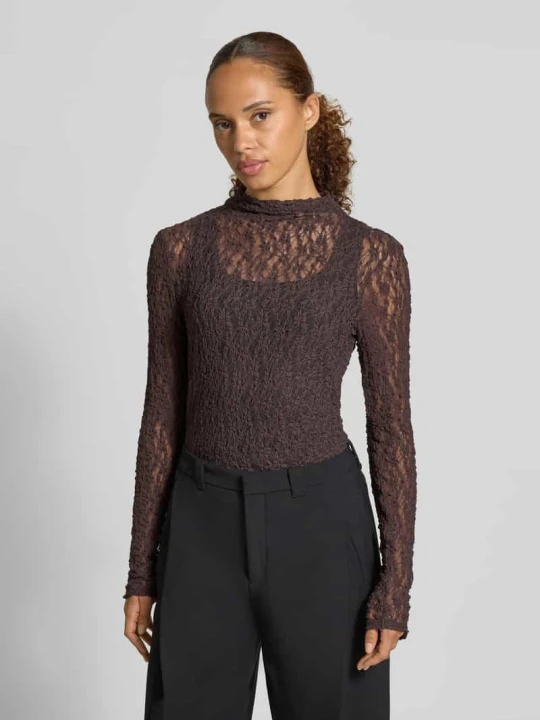 Zdjęcie produktu bluzka z długim rękawem o kroju slim fit z koronki Rich & Royal Czekoladowy