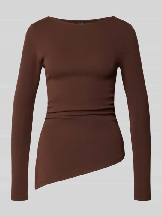 Zdjęcie produktu Bluzka z długim rękawem o kroju slim fit z mieszanki bawełny z asymetrycznym dołem Gina Tricot Ciemnobrązowy