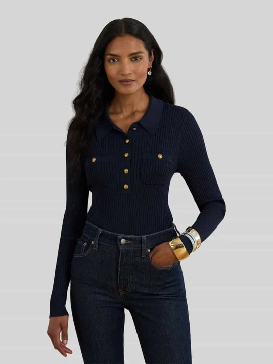 Zdjęcie produktu bluzka z długim rękawem o kroju slim fit z mieszanki wiskozy z guzikami Lauren Ralph Lauren Granatowy