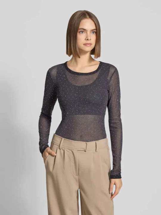 Zdjęcie produktu Bluzka z długim rękawem o kroju slim fit z obszyciem kamieniami stras Gina Tricot Czarny