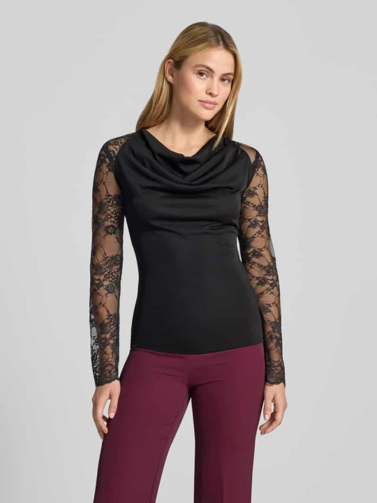 Zdjęcie produktu bluzka z długim rękawem o kroju slim fit z obszyciem koronką Rinascimento Czarny