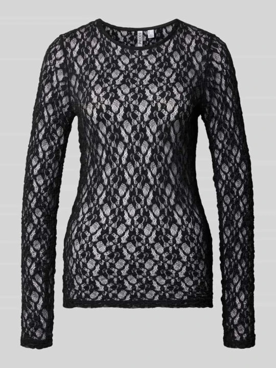Zdjęcie produktu bluzka z długim rękawem o kroju slim fit z okrągłym dekoltem model 'HAZEL' Pieces Czarny