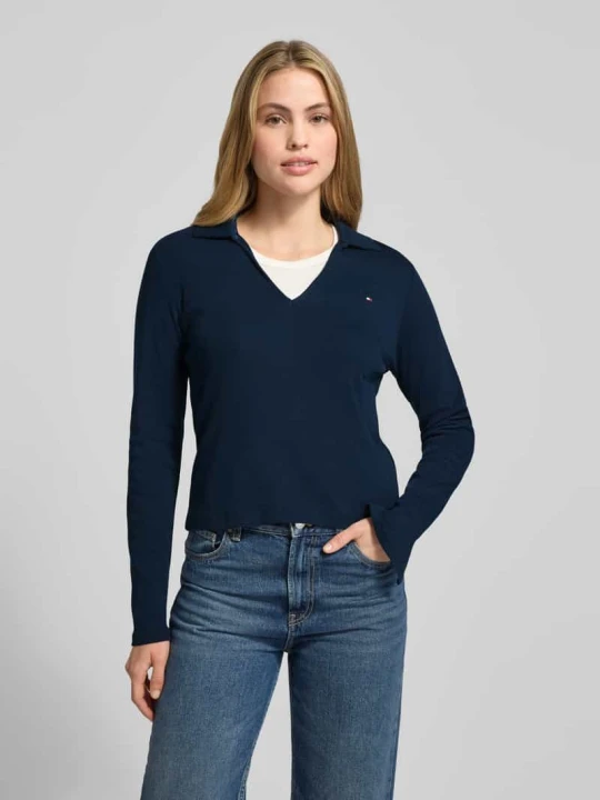Zdjęcie produktu Bluzka z długim rękawem o kroju slim fit z czystej bawełny z kołnierzykiem polo Tommy Hilfiger Granatowy