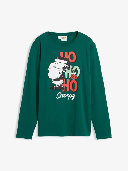 Zdjęcie produktu Bluzka z długim rękawem, z motywem Snoopy'ego, z czystej bawełny BonPrix zielony