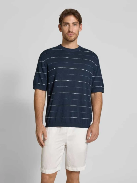 Zdjęcie produktu Bluzka z dzianiny o kroju regular fit z mieszanki bawełny i lnu model ‘BERG SUN’ Selected Homme Granatowy
