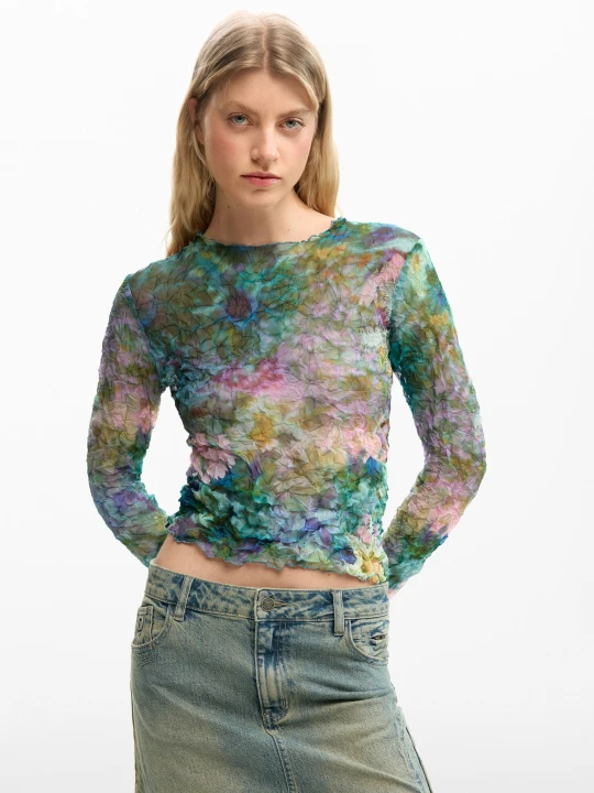 Zdjęcie produktu bluzka z fakturą w kwiaty Desigual niebieski