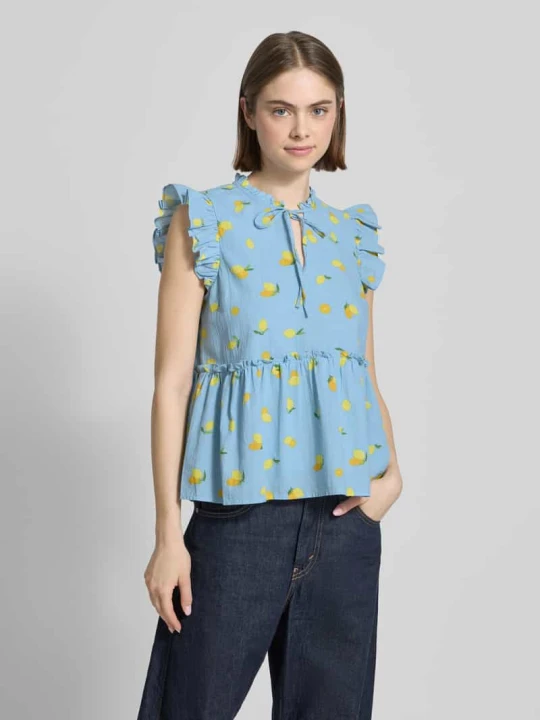 Zdjęcie produktu bluzka z wiązaniem pod szyją o kroju regular fit z czystej bawełny model 'EMMA' Pieces Jasnoniebieski