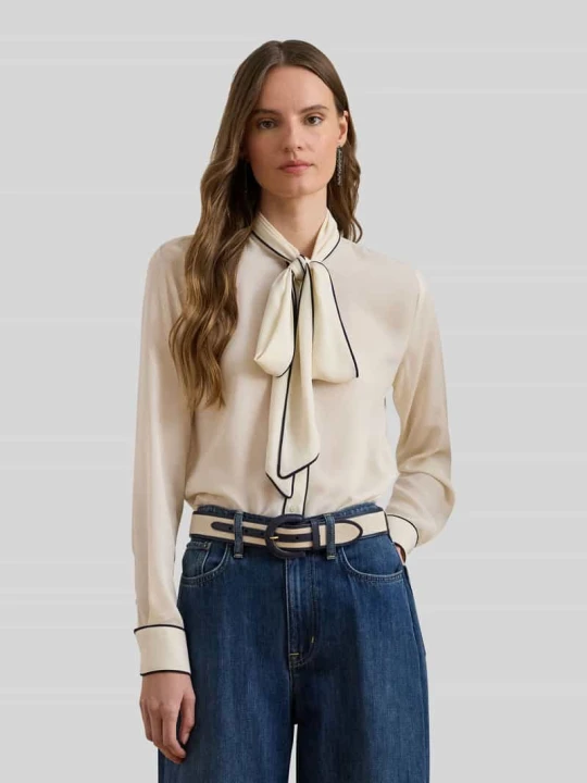 Zdjęcie produktu Bluzka z wiązaniem pod szyją o kroju regular fit z kontrastowymi szwami Lauren Ralph Lauren Beżowy