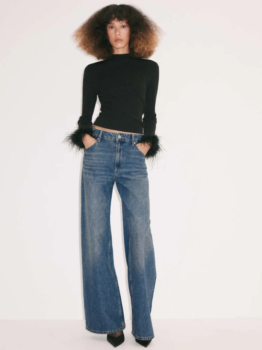 Zdjęcie produktu Błyszczące jeansy wide leg ciemnoniebieski - Kobieta - MANGO