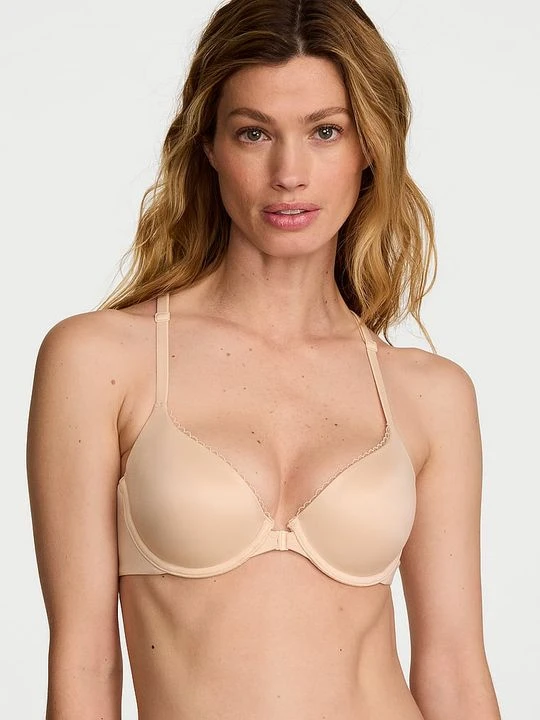 Zdjęcie produktu Body by Victoria Biustonosz lekko uszytywniany zapinany z przodu z koronką na plecach Racerback Demi Victoria's Secret Beżowy