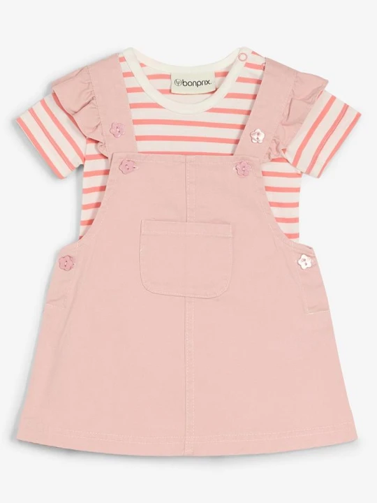 Zdjęcie produktu Body + sukienka ogrodniczka z czystej bawełny (komplet 2-cz.) BonPrix różowy