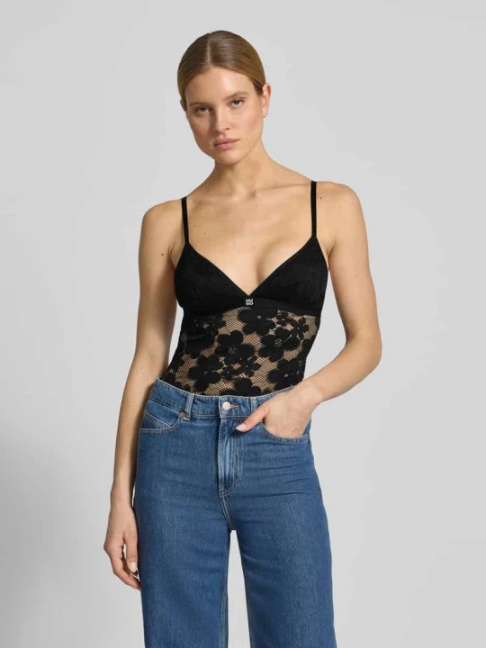 Zdjęcie produktu Body z bielizny w imitacja koronki model 'BLOOM LACE BODYSUIT' Hugo Czarny