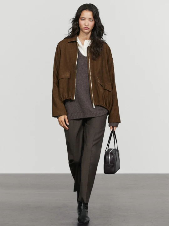 Zdjęcie produktu Kurtka Bomberka Oversize Ze Skóry I Zamszu - Brązowy - Massimo Dutti - Female