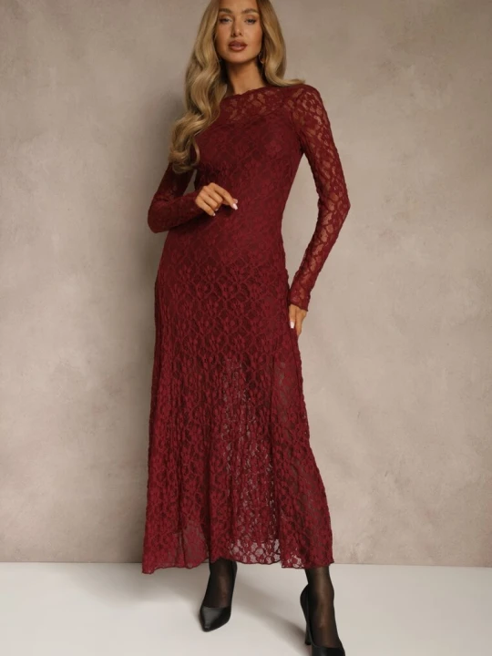 Zdjęcie produktu Bordowa Elegancka Sukienka z Koronki z Odkrytymi Plecami Lilafera Elsa.m By May