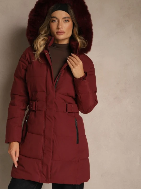 Zdjęcie produktu Bordowa Pikowana Kurtka Zimowa z Kapturem z Futerkiem Goella J.style