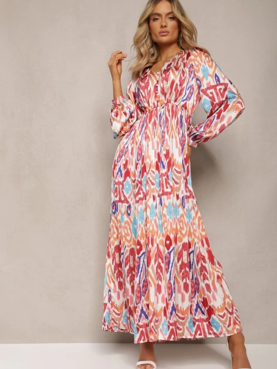 Zdjęcie produktu Bordowa Rozkloszowana Sukienka z Elastyczną Gumką w Talii w Stylu Boho Mizza Belcci